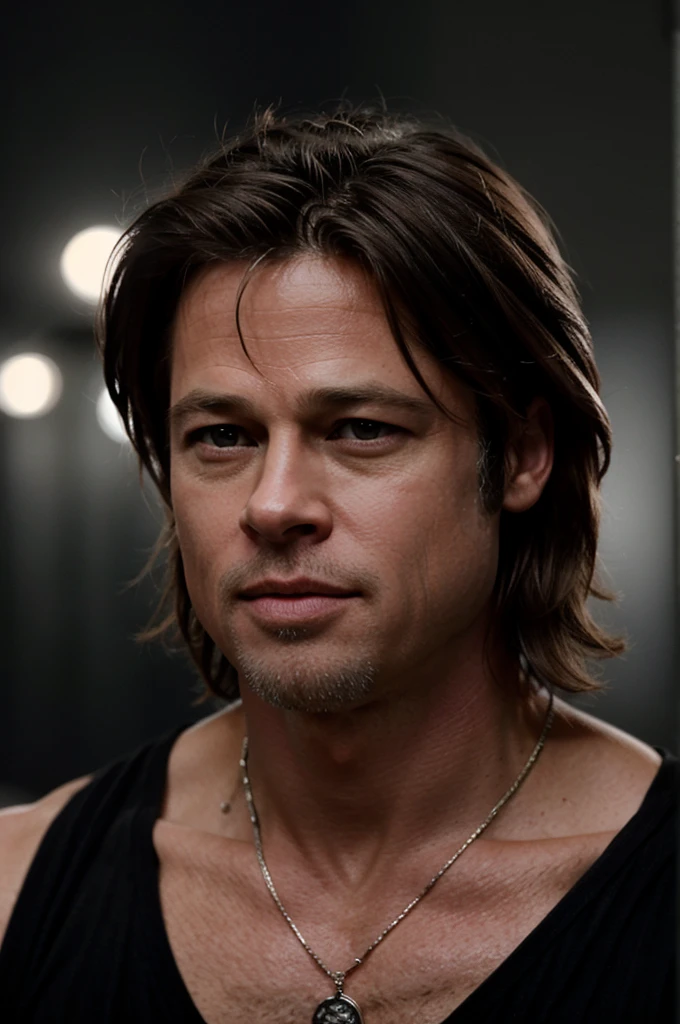 an eye contact of brad pitt with sexy masculine hair and dark theme