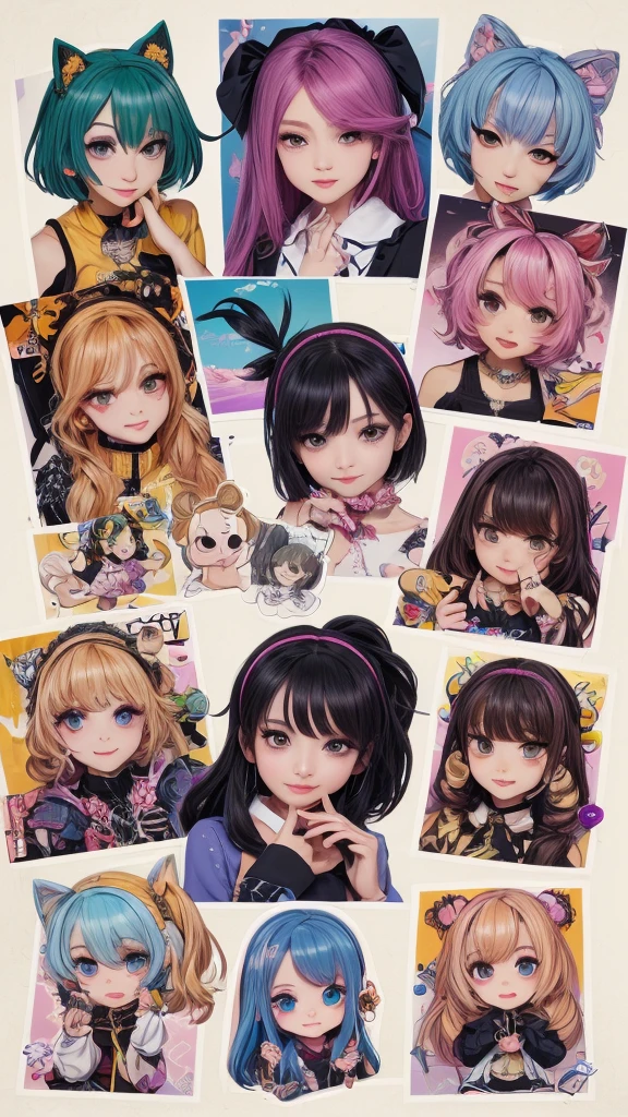 The character costume is KPOP, 9 sets of anime character stickers with different expressions, Hallyu collection style, Anime K-pop art style, Hallyu frontline style, Hallyu art style, kpop style, Official artwork, Chibi Art, Pisif, Blackpink style, Cute KPOP artwork in various poses, The popularity of the art station Pisif