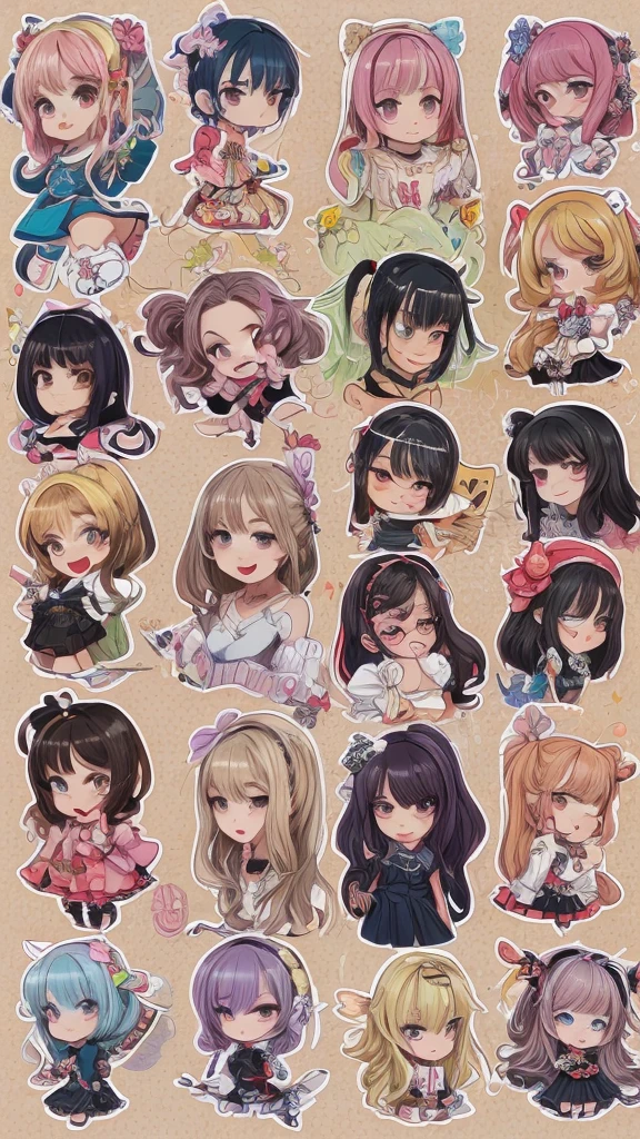 The character costume is KPOP, 9 sets of anime character stickers with different expressions, Hallyu collection style, Anime K-pop art style, Hallyu frontline style, Hallyu art style, kpop style, Official artwork, Chibi Art, Pisif, Blackpink style, Cute KPOP artwork in various poses, The popularity of the art station Pisif