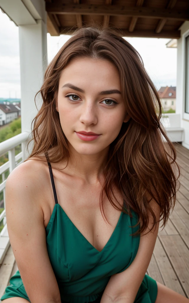 22-year-old woman, ein elegantes Erscheinungsbild. My brown hair falls in long waves over my shoulders and frames my face and emphasizes my green eyes. Meine vollen, red lips are shaped into a smile. My snub nose is covered with freckles, which contrast with my tanned skin. Meine Augenbrauen sind dick und dunkel, gives me a seductive look. Meine Wangenknochen sind hoch und definiert, und meine Wimpern sind lang und geschwungen. zeigt meine Kurven. das model ist zur seite gedreht. gesicht zur kamera. erotischer genuss, Full body, beton meinen hintern, High Heels, roter Lippenstift, durchsichtiges hemd, helles Foto, Haare sind offen. hands behind the head. auf der veranda , moderner stil. sonnenuntergang im hintergrund