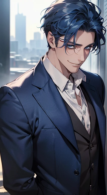 (best quality, masterpiece, 8K, photorealistic, cinematic lighting, 1:4 hdr image, ultra detailed, beautiful image), a mature man, 25 years very handsome, ((cold expression smile in love)), short blue hair, blue eyes, face perfect without mistakes, ((buttoning his jacket, CEO)), smile.