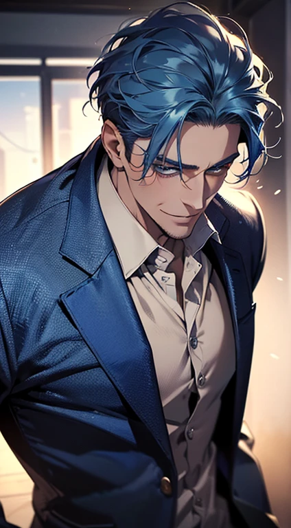 (best quality, masterpiece, 8K, photorealistic, cinematic lighting, 1:4 hdr image, ultra detailed, beautiful image), a mature man, 25 years very handsome, ((cold expression smile in love)), short blue hair, blue eyes, face perfect without mistakes, ((buttoning his jacket, CEO)), smile.
