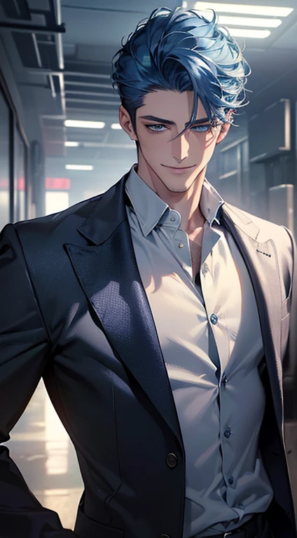 (best quality, masterpiece, 8K, photorealistic, cinematic lighting, 1:4 hdr image, ultra detailed, beautiful image), a mature man, 25 years very handsome, ((cold expression smile in love)), short blue hair, blue eyes, face perfect without mistakes, ((buttoning his jacket, CEO)), smile.