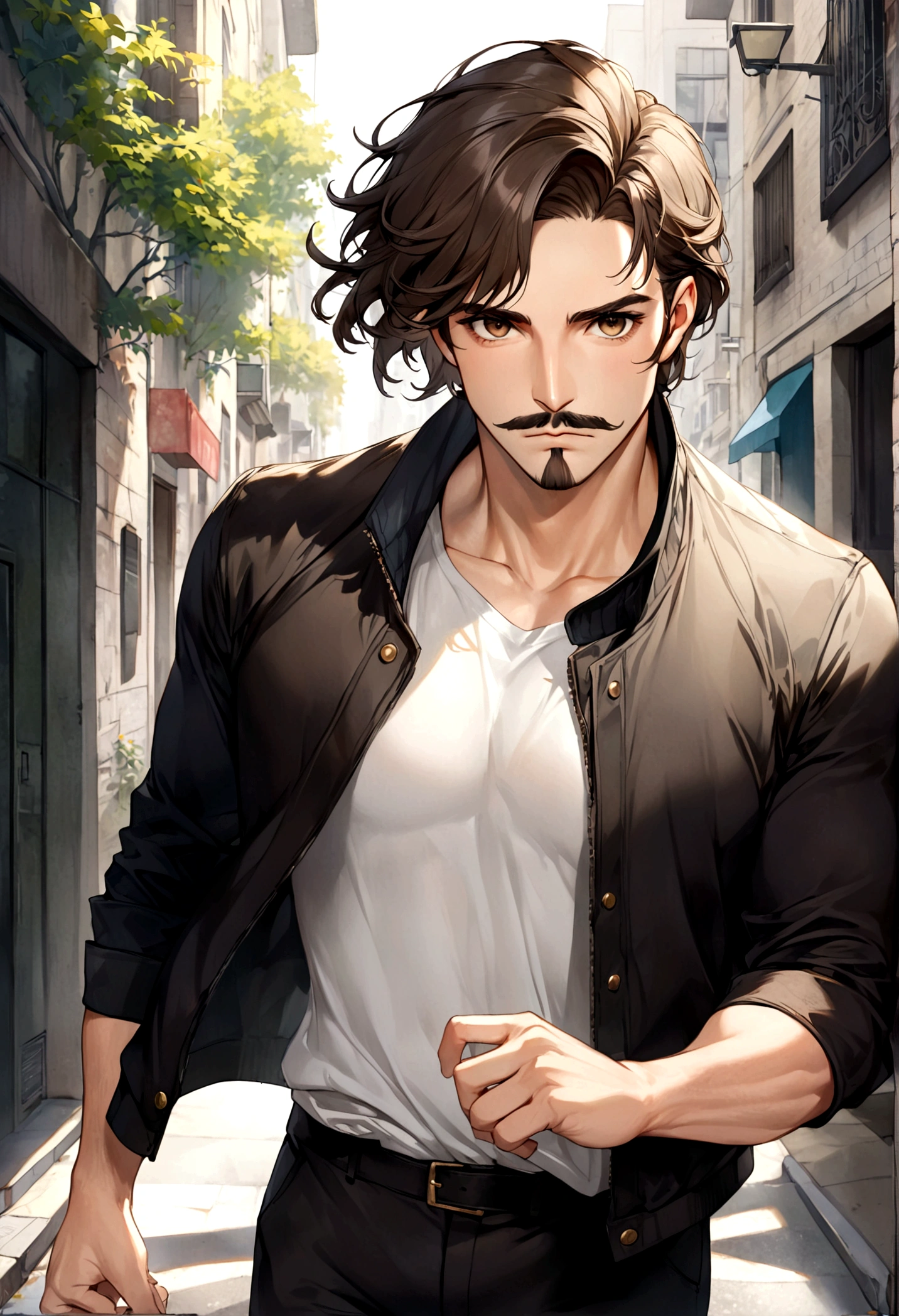 (una playera blanca con una jacket de piel color negro para hombre), ), ((bigote estilo Van Dyke y (barba de chivo) "Van Dyke", Van Dyke beard)), (light brown eyes), Aspecto atractivo y serio, ((cabello muy largo oscuro, messy hair)), Elegante y con estilo, Un hombre maduro similar al actor Jim Morrison con el cabello largo, ((cabello muy largo)), (Imagen realista y de alta calidad), en la calle estilo urbano, un bosque al rededor, ((La mejor calidad, 8K, obra maestra).((dynamic pose with forward gaze, viendo al espectador)), (cabello largo pasando los hombros)