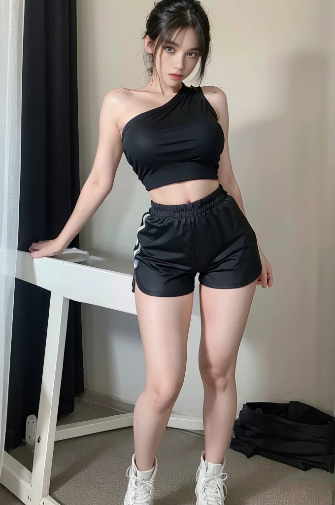 , twinsies、The ultra-detailliert, (A hem full flared shorts), (Oversized T-shirt with excess fabric when tucked into a shorts), (white strapless DRESS), (Skirt full thigh), (knee-length outfit), ((full-body standing image)), (cotton spaghetti-strap top), (white sneakers), (a pair of white leather boots, highly detailed boots), (32K,1 20-year-old girl, The light from the rear room is backlit, Ray traching), (top meets shorts), (bare arms), (bare shoulder), (A hem full flared shorts, (upper breasts are firm), (short upper chest), (full breasts), (shorts), (large knee), (large shin), (black shorts), (black shorts), (black shorts), (black shorts), (black shorts), (black shorts), (black shorts), (black shorts), (Breasts tilting towards the upper chest :1.5), (a girl pretty girl with perfect figure), (big buttocks), (large buttocks), (lightweight shorts), (lightweight shorts), (lightweight shorts), (lightweight shorts), (lightweight shorts), (lightweight shorts), (lightweight shorts), (lightweight shorts), (lightweight shorts), (lightweight shorts), (lightweight shorts), (lightweight shorts), (top meets shorts), (top meets shorts), (top meets shorts), (top meets shorts), (top meets shorts)