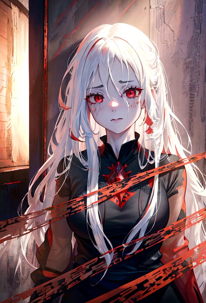 a beautiful woman with long white hair and red streaks, a sad facial expression, extremely detailed red eyes, holding a large red sword, in a dark and gloomy place, (best quality,4k,8k,highres,masterpiece:1.2),ultra-detailed,(realistic,photorealistic,photo-realistic:1.37),dramatic lighting,fantasy,cinematic,dramatic mood,dark fantasy,dynamic composition,rich colors