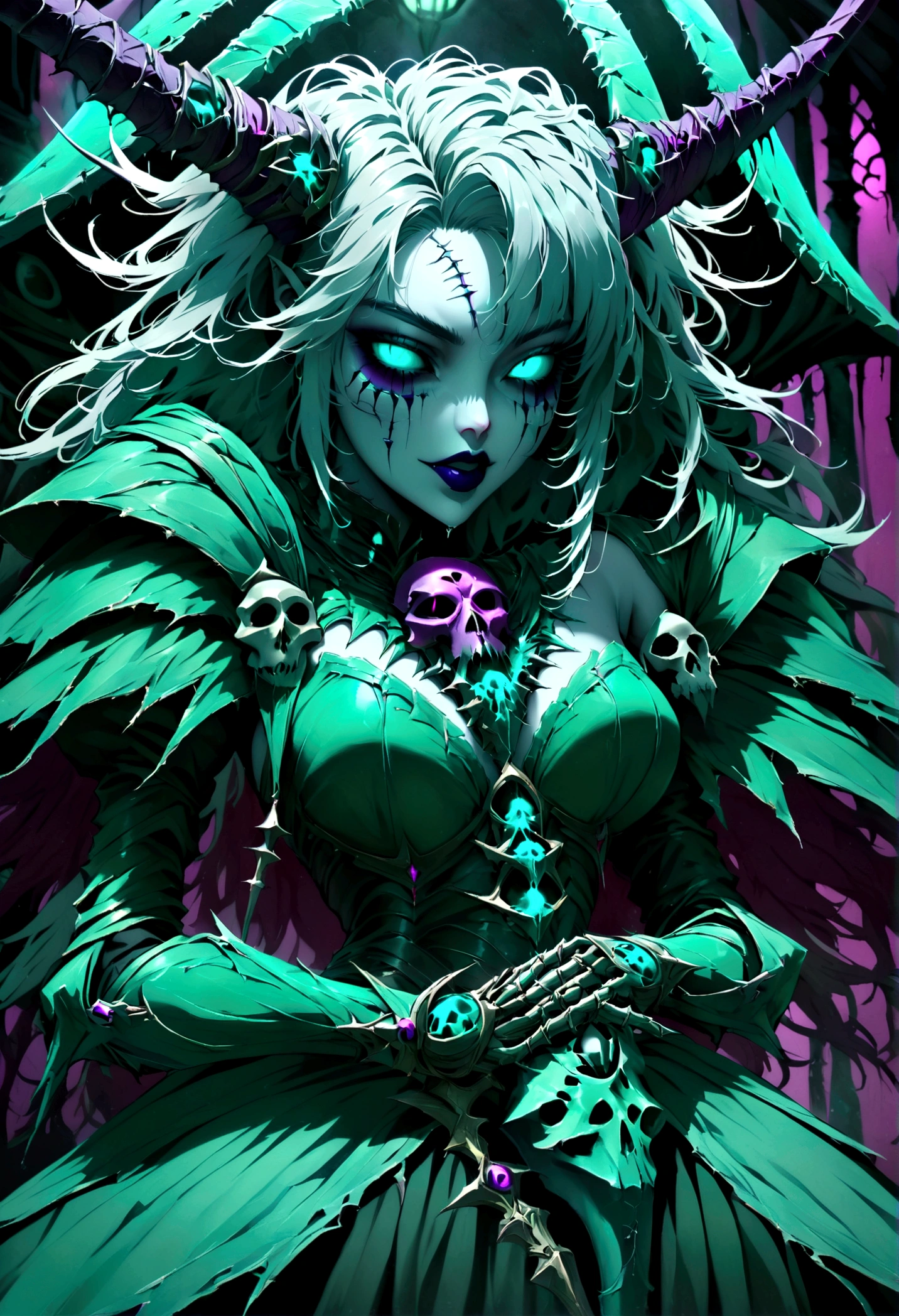 Perfect impure sexy horrific seductive terrific dead girl, skeleton face, beautiful detailed curved lips, dark skull makeup, long detailed messy hair,