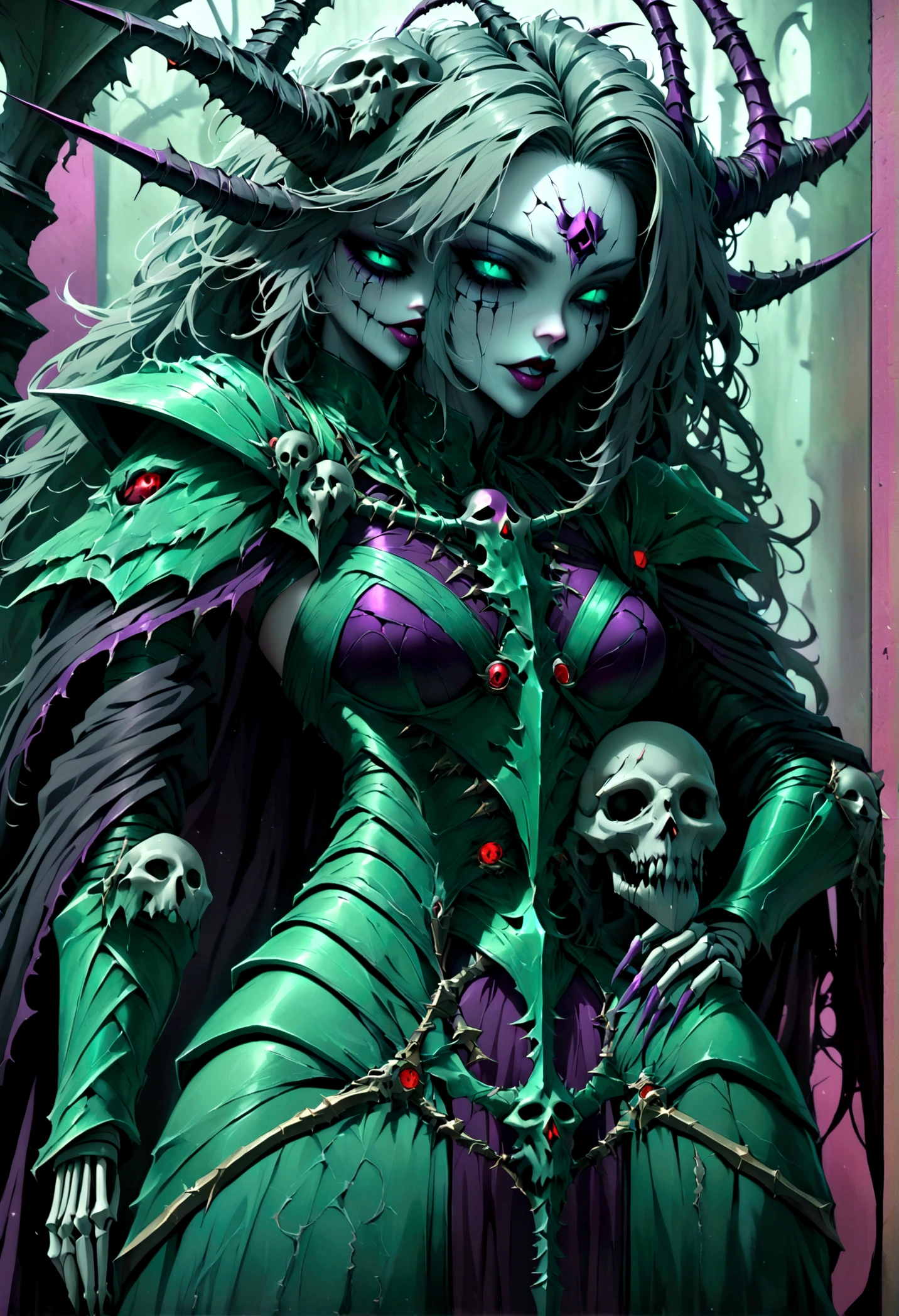 Perfect impure sexy horrific seductive terrific dead girl, skeleton face, beautiful detailed curved lips, dark skull makeup, long detailed messy hair,