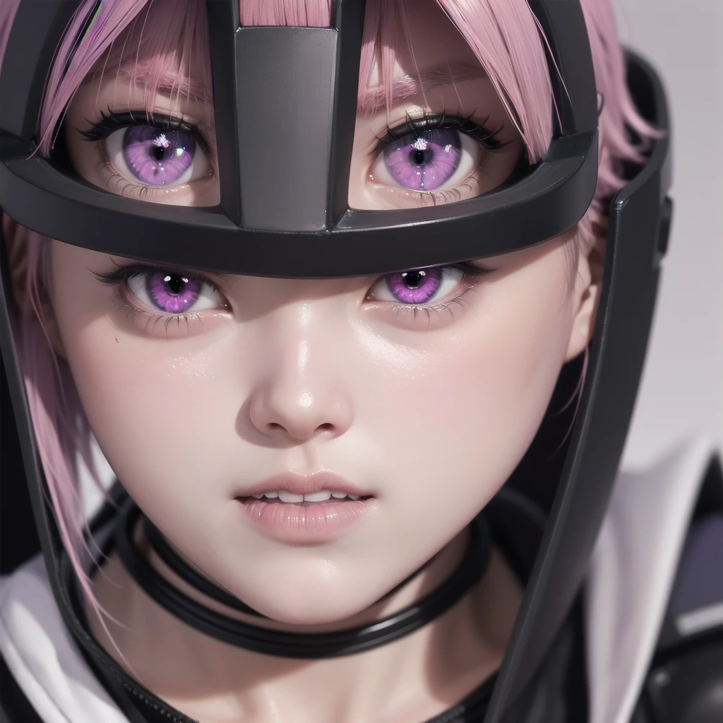 1girl, short pink hair, purple eyes, black masker, robot white body, angry face, 8K, Hi-Res, close up