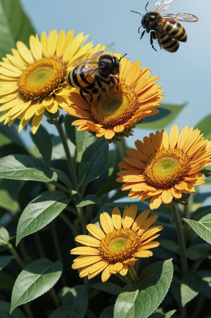bees and ladybug pollonating a flower (cartoon)