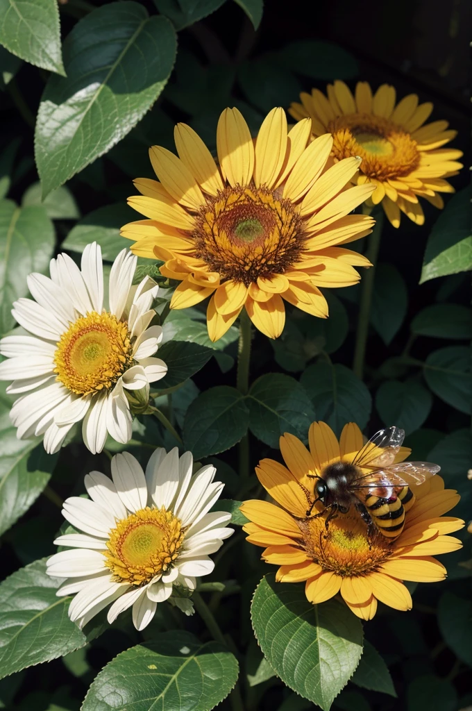 bees and ladybug pollonating a flower (cartoon)