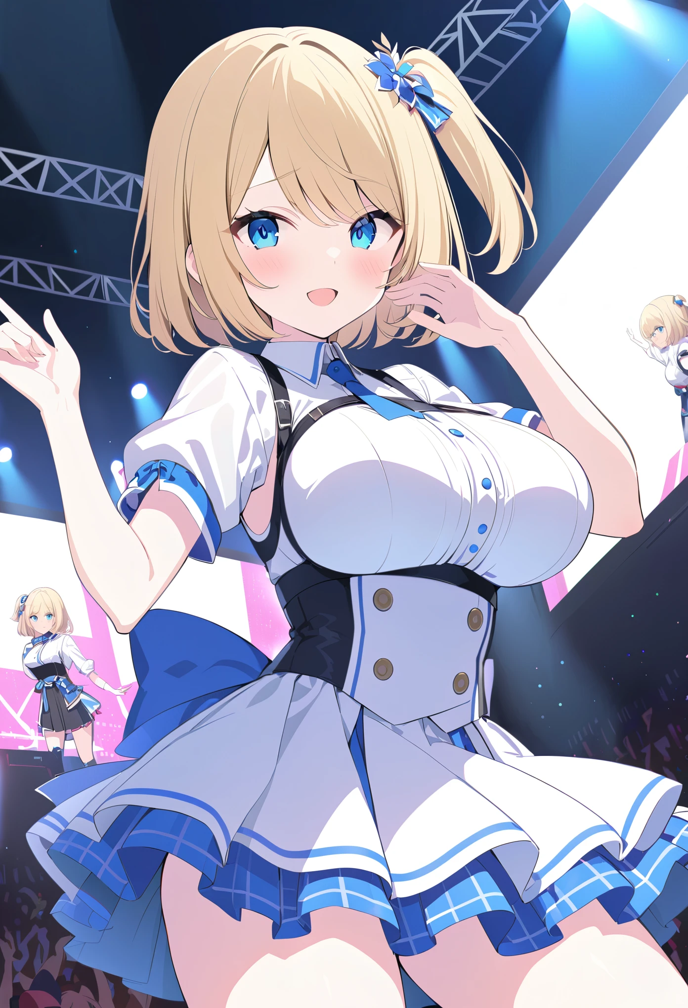 blonde hair, short hair, one side up, hair ornament, blue eyes ,, large breasts, live stage, solo