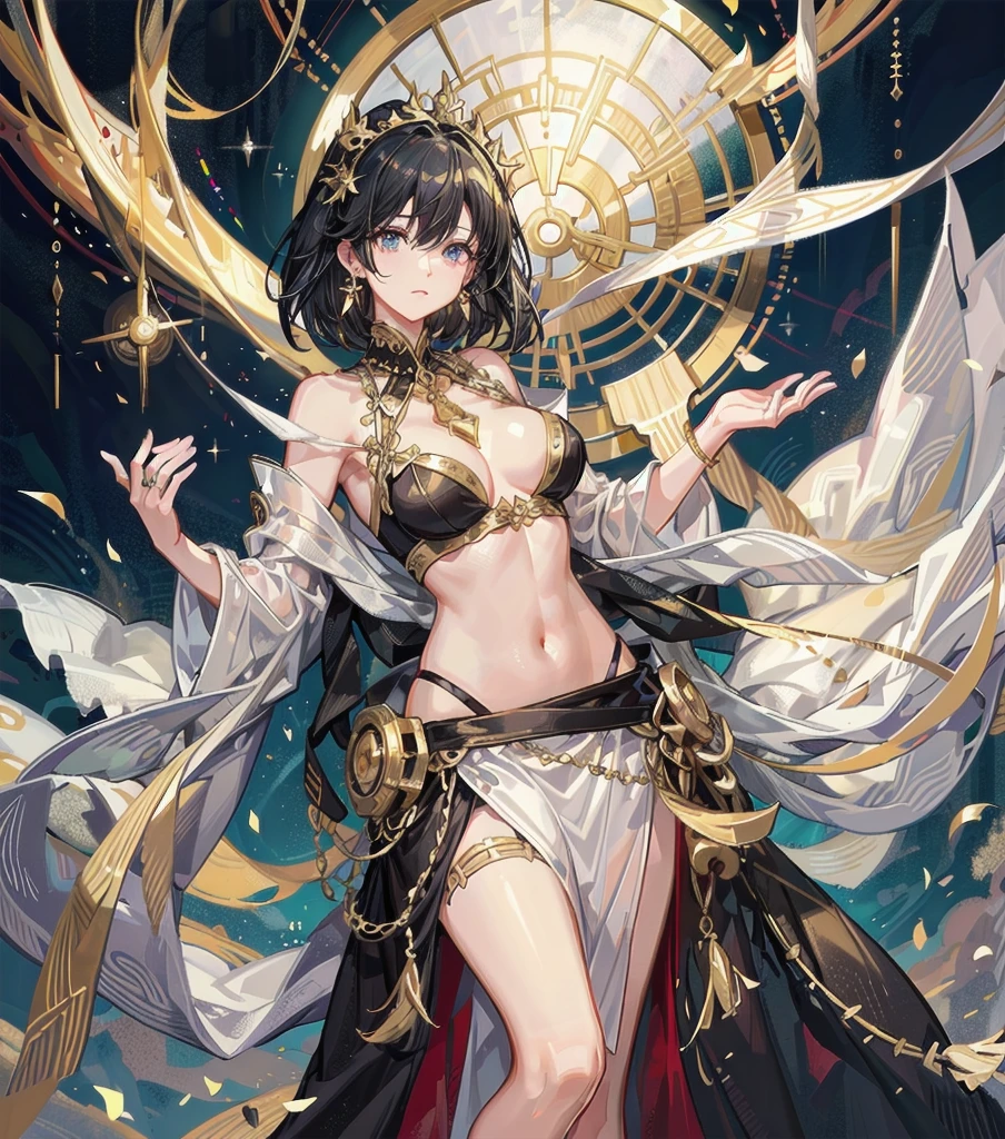 short medium hair, black hair, medium tits, tearful mole, earring, whole body, gorgeous belly-dancer in jewelry-dress, white marble castle with golden ornates, Transparent white hanfu golden ornates, gold jewels,