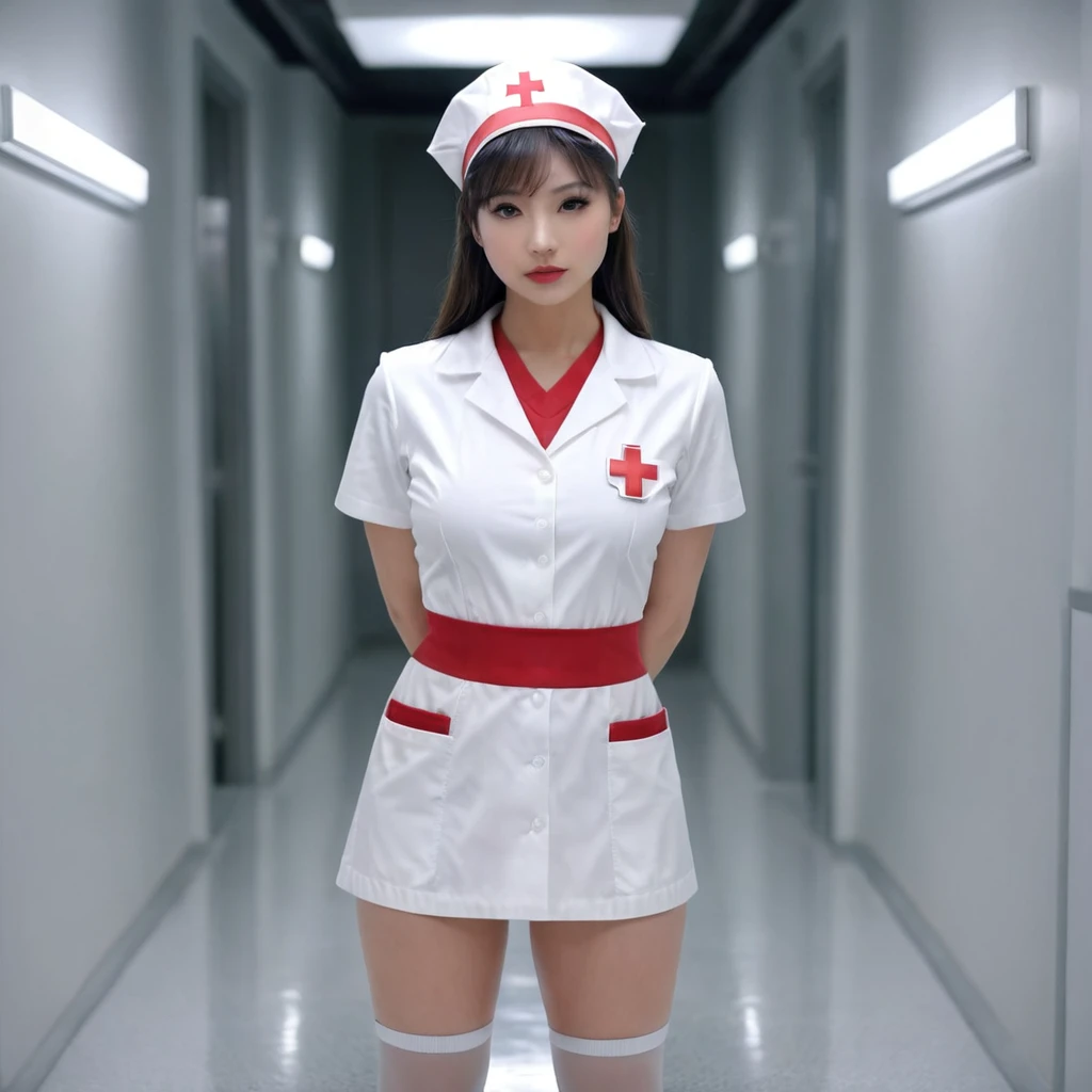 A young and sexy beautiful nurse in a tight latex nurse uniform striking a bold pose with legs spread squatting, nurse cap, medical clipboard, extremely detailed, super realistic, 8K, cinematic lighting, porcelain skin, alluring gaze, full body shot, photorealistic, masterpiece