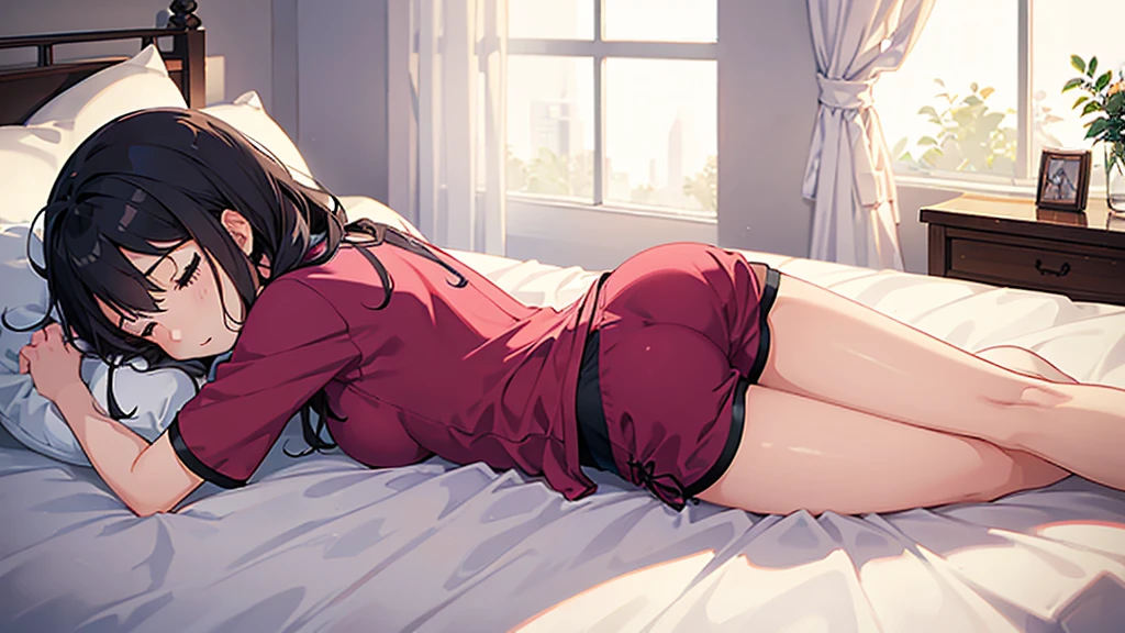 a girl, anime, face happy sleep, wearing super tight shorts nightgown, sleeping on your stomach down, back, bedroom, sunlight, beautiful color, detailed, aesthetic, high quality, panorama room