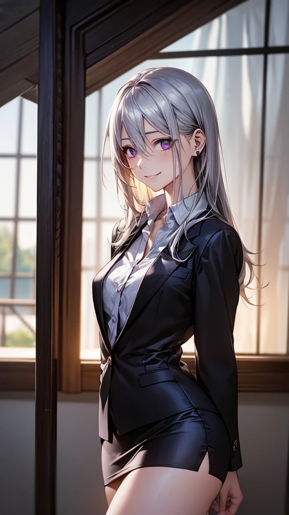 (masterpiece:1.2, top-quality), (realistic, photorealistic:1.4), beautiful illustration, (natural side lighting, movie lighting),
looking at viewer, cowboy shot, front view, 1 girl, japanese, high school girl, perfect face, cute and symmetrical face, shiny skin, babyface,
(long hair, straight hair, silver hair), hair between eyes, purple eyes, (middle breasts, seductive thighs, big ass), piercings,
beautiful hair, beautiful face, beautiful detailed eyes, beautiful clavicle, beautiful body, beautiful chest, beautiful thigh, beautiful legs, beautiful fingers,
((long sleeves, white collared shirt, black suit jacket, black pencil mini skirt), id card, strap, black high heels),
(beautiful scenery), evening, park, walking, (lovely smile, upper eyes),