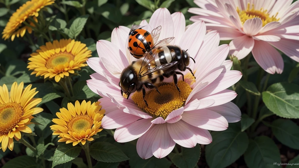 bees and ladybug pollonating a flower cartoon) with ladybug