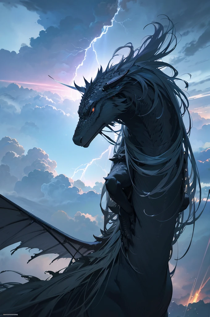 a beautiful detailed anime girl with black long hair riding on a dragon, flying through the cloudy blue sky, wearing a traditional japanese outfit, dramatic lightning and stormy weather in the background, (best quality,4k,8k,highres,masterpiece:1.2),ultra-detailed,(realistic,photorealistic,photo-realistic:1.37),intricate details,stunning colors,dynamic composition,cinematic lighting,dramatic atmosphere