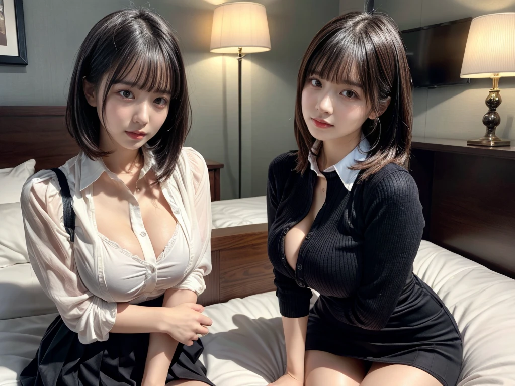 masterpiece, best quality, illustration, Super detailed, fine details, High resolution, 8K,wall paper, perfect dynamic composition,(Details High quality, realistic depiction of eyes:1.3), ((2 girls)),(collared shirt:1.1), pleated skirt, short bob hair、black hair color, Big Natural Color Lip, Play with each other,Touching each other's bodies,Touching the body of the girl next door,bold sexy pose, crying a little、20 year old girl、beautiful legs, hotel room, gravure idol, Voluptuous thighs, huge breasts