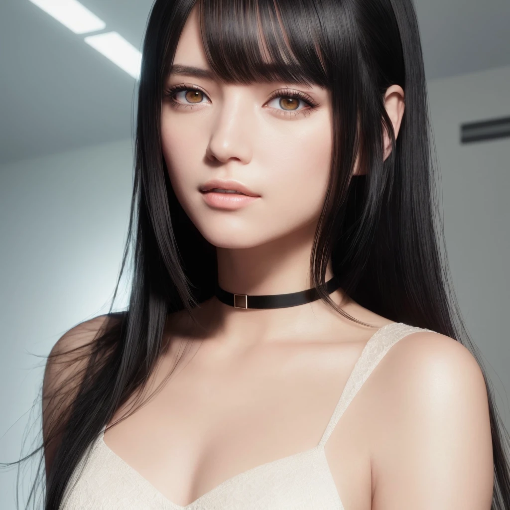 a beautiful, photorealistic portrait of a young woman with long black hair and bangs, with finely detailed amber yellow eyes and symmetrical pupils, lustrous skin, and a happy, flustered expression. She is wearing business attire with a black cotton choker, in a color background. The image is masterfully rendered with extreme detail, high resolution, HDR, cinematic lighting, and photon mapping, resulting in a hyper-realistic, breathtaking piece of art.