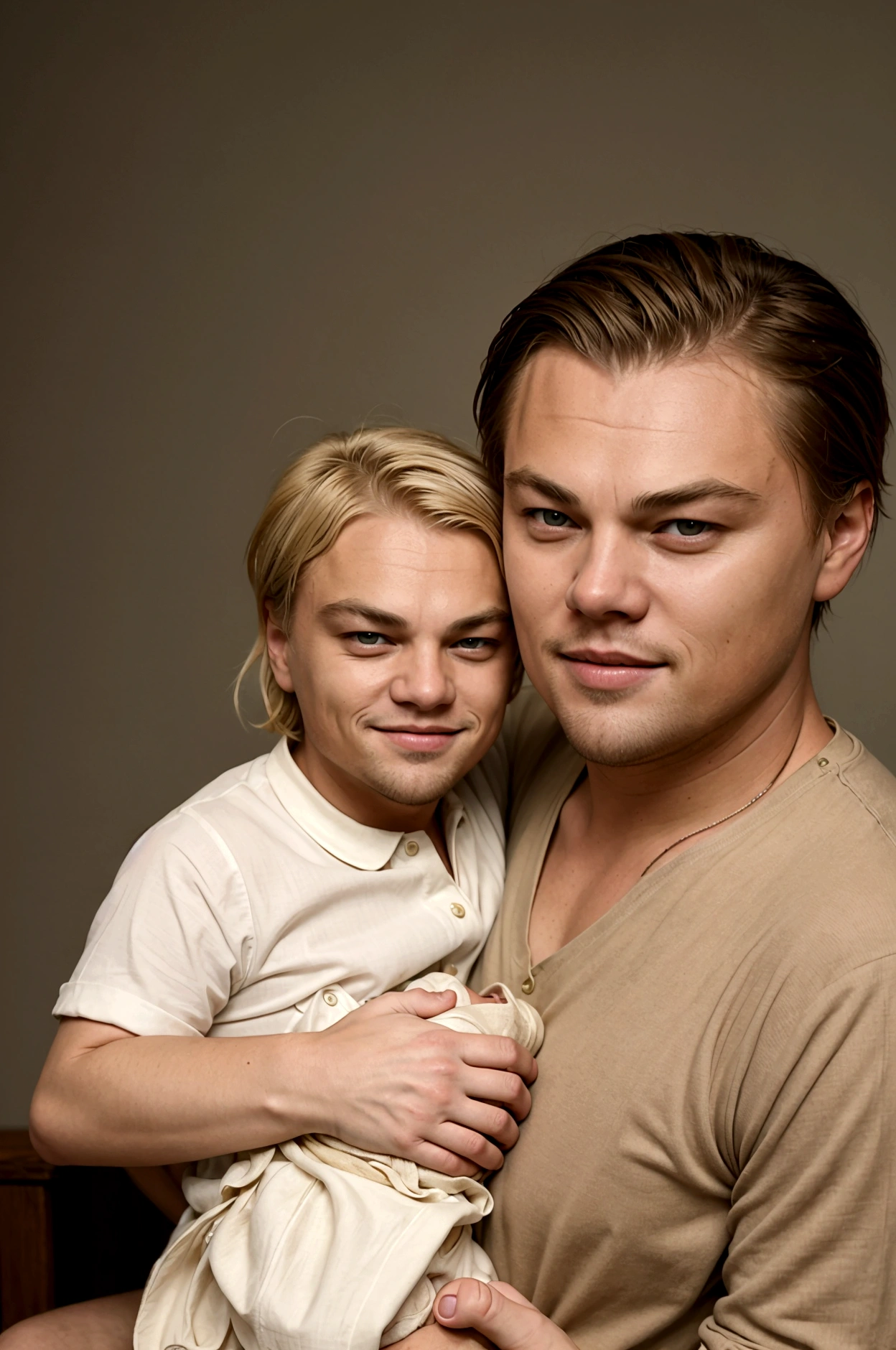 Leonardo DiCaprio, smiling, blonde hair cut peaky blinders holding a blond newborn baby on her lap, representative image of love between father and son.