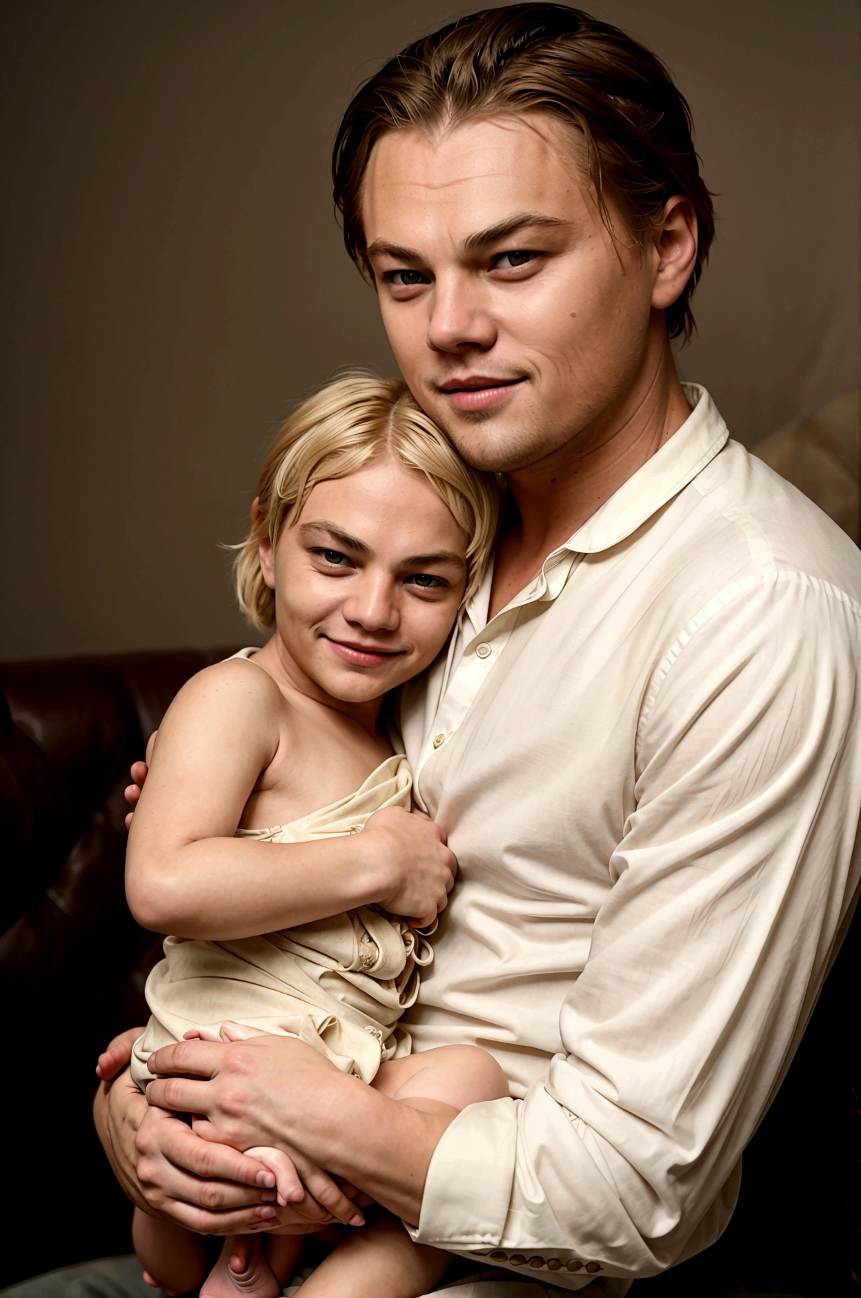 Leonardo DiCaprio, smiling, blonde hair cut peaky blinders holding a blond newborn baby on her lap, representative image of love between father and son.