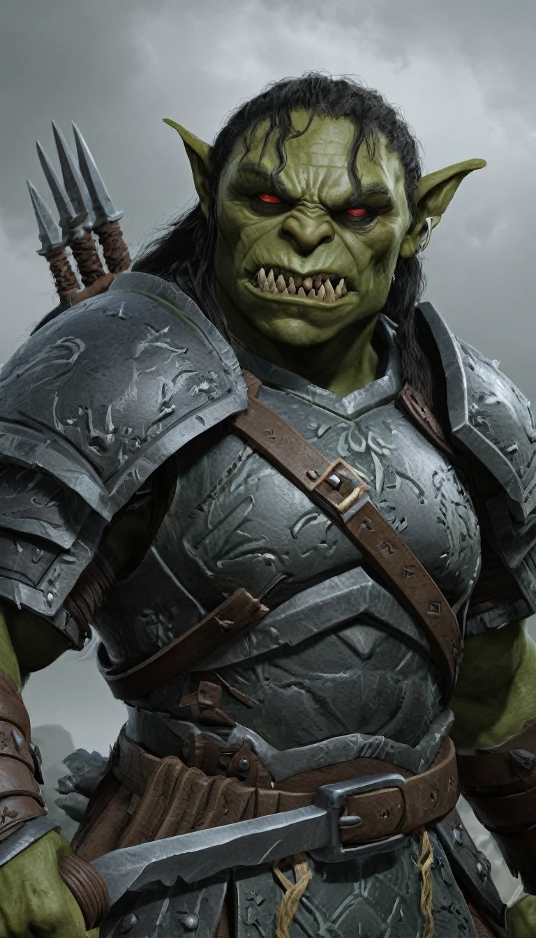 a close-up of a statue of a man with a sword, tema orc, orc, Guerreiro Orc, um orc, green orc female, orc fundido com vinhas, o conceito de hobbit orc, fantasy heavy armor rendering, menacing orc, conceito de beastman, De Warcraft, orc feminino, personagem de guerra, orc fundido com videiras, orcs, conceito de personagem dnd golias