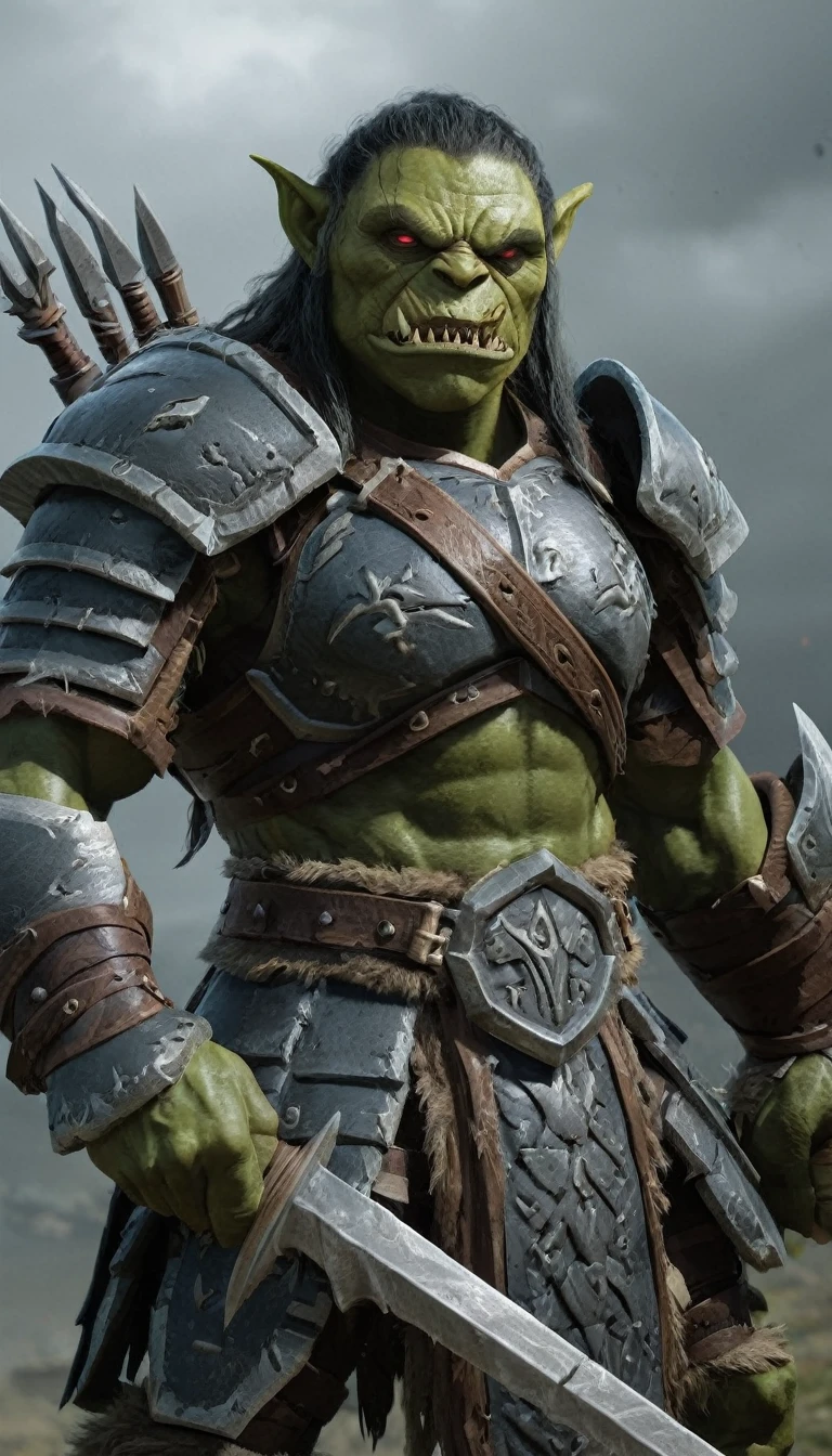 a close-up of a statue of a man with a sword, tema orc, orc, Guerreiro Orc, um orc, green orc female, orc fundido com vinhas, o conceito de hobbit orc, fantasy heavy armor rendering, menacing orc, conceito de beastman, De Warcraft, orc feminino, personagem de guerra, orc fundido com videiras, orcs, conceito de personagem dnd golias