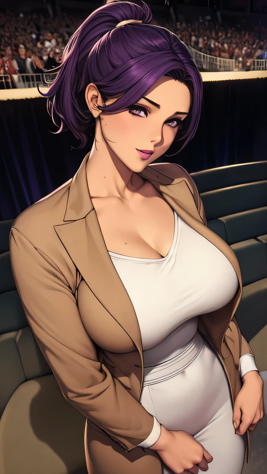 （（（shirt，White shirt，brown coat（（（1girl，clavicle，makeup, Purple hair,brown eyes,lips,ponytail,short hair,lipstick,ribbon,collarbone, ））），（（（wide hips））），S-shaped body:1.7））），((masterpiece)),high resolution, ((Best quality at best))，masterpiece，quality，Best quality，（（（ Exquisite facial features，looking at the audience,There is light in the eyes，lol，happy，confidence））），（（（Light and shadow interlace，super gigantic ））），（（（looking at the audience，from above，looking down）））