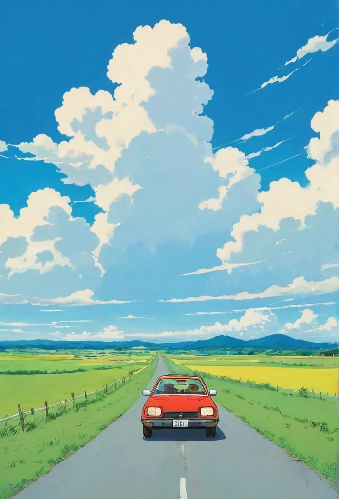 (minimalism:1.4), a Car on the road, Studio Ghibli art, Miyazaki, pasture with blue sky and white clouds