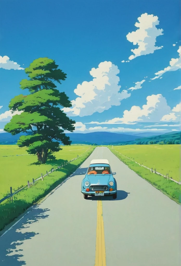 (minimalism:1.4), a Car on the road, Studio Ghibli art, Miyazaki, pasture with blue sky and white clouds