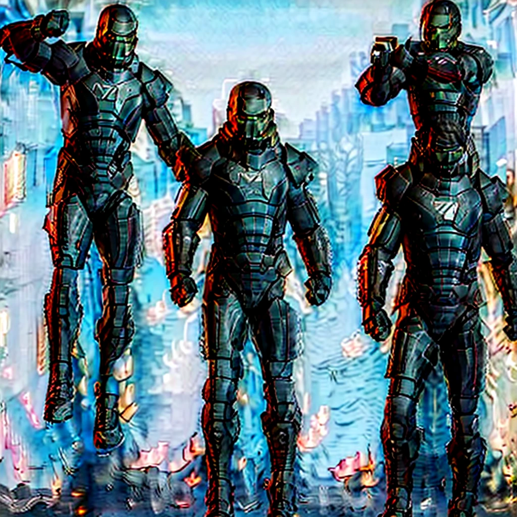 1girl, Electric, Lightning, Futuristic, Technological, Power, Magnetic, High-tech, iron man, n7armor, omniblade, commandershepard, ironman, turquoise armor, sea foam green armor, copper faceplate, carbon fibre armor, lightweight armor, full body, futuristic, raising fist in triumph, pumping fist, left fist raised in triumph, feathered crest atop helmet, n7 chestplate, n7 helmet, respirator mask, shoulderpads, cape