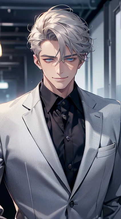 (best quality, masterpiece, 8K, photorealistic, cinematic lighting, 1:4 hdr image, ultra detailed, beautiful image), a mature man, 25 years very handsome, ((cold expression smile in love)), short grey hair, blue eyes, face perfect without mistakes, ((buttoning his jacket, CEO)), smile.