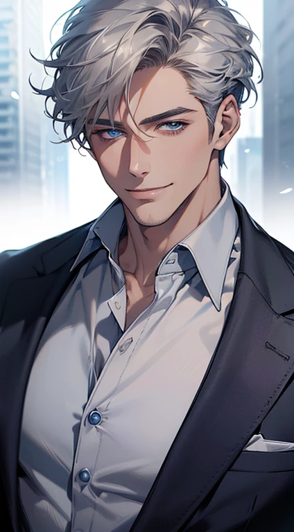(best quality, masterpiece, 8K, photorealistic, cinematic lighting, 1:4 hdr image, ultra detailed, beautiful image), a mature man, 25 years very handsome, ((cold expression smile in love)), short grey hair, blue eyes, face perfect without mistakes, ((buttoning his jacket, CEO)), smile.
