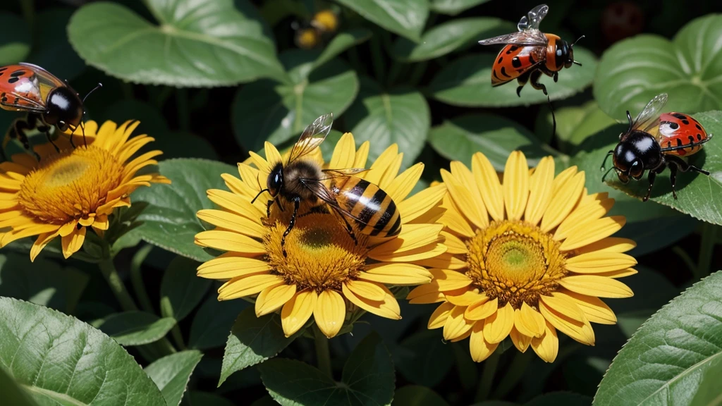 bees and ladybug pollonating a flower cartoon) with ladybug
