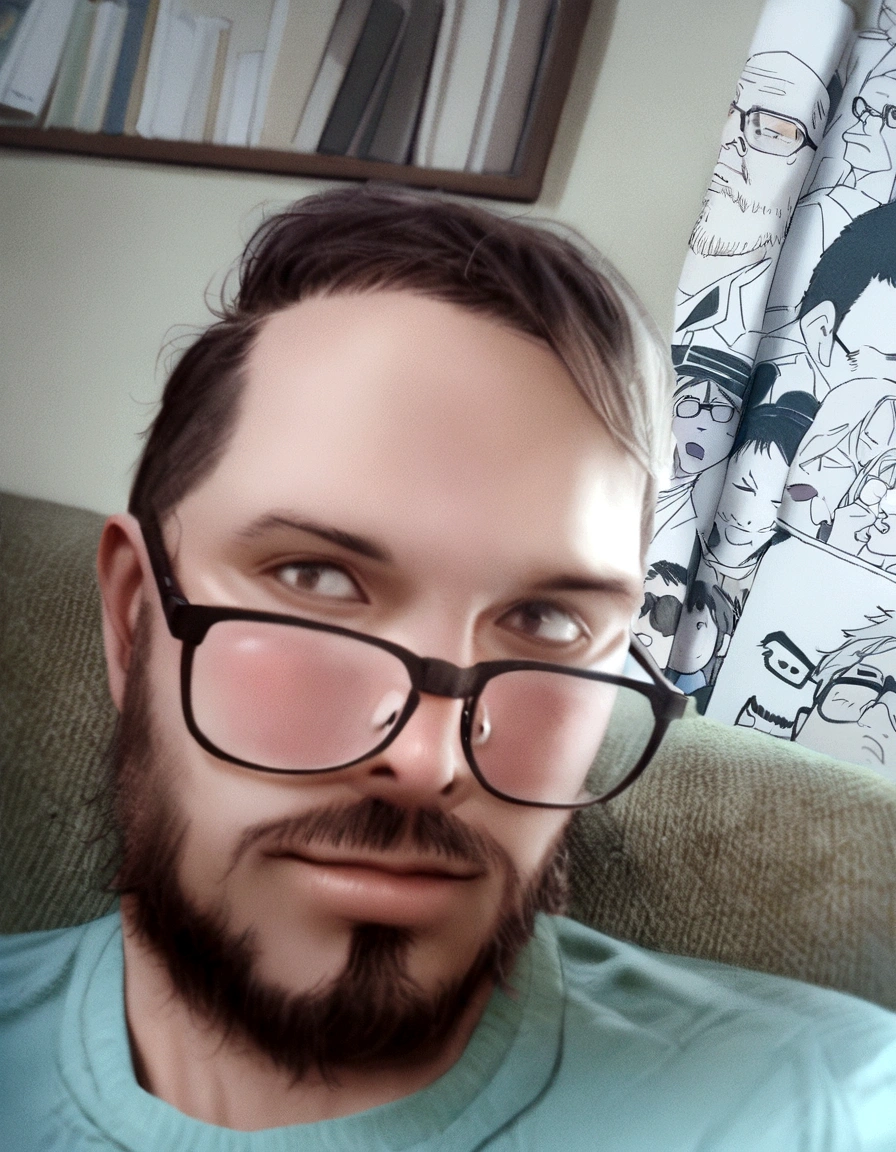 there is a man with glasses sitting on a couch with a remote control, with nerdy glasses and goatee, with glasses and goatee, typical cryptocurrency nerd, neckbeard, with nerdy! glasses! and goatee, with no beard, 3 2 years old, 30 year old man, 2 9 years old, 2 8 years old, 4 0 years old man