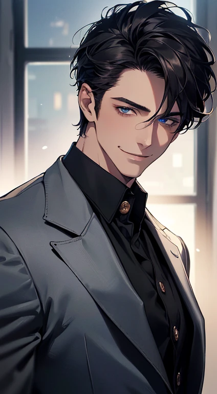 (best quality, masterpiece, 8K, photorealistic, cinematic lighting, 1:4 hdr image, ultra detailed, beautiful image), a mature man, 25 years very handsome, ((cold expression smile in love)), short black hair, blue eyes, face perfect without mistakes, ((buttoning his jacket, CEO)), smile.