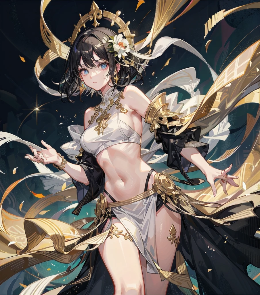 medium short hair, black hair, medium tits, tearful mole, earring, whole body, gorgeous belly-dancer in jewelry-dress, white marble castle with golden ornates, Transparent white hanfu golden ornates, gold jewels,