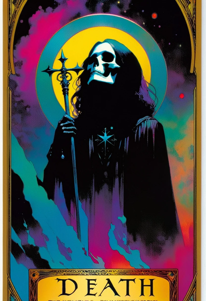 tarot card, a card, card : "THE DEATH", tarot card frame,vivid colors (art inspired by Bill Sienkiewicz). text: THE DEATH
