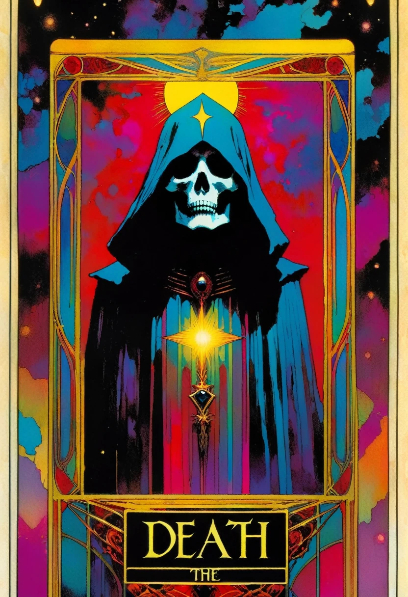 tarot card, a card, card : "THE DEATH", tarot card frame,vivid colors (art inspired by Bill Sienkiewicz). text: THE DEATH