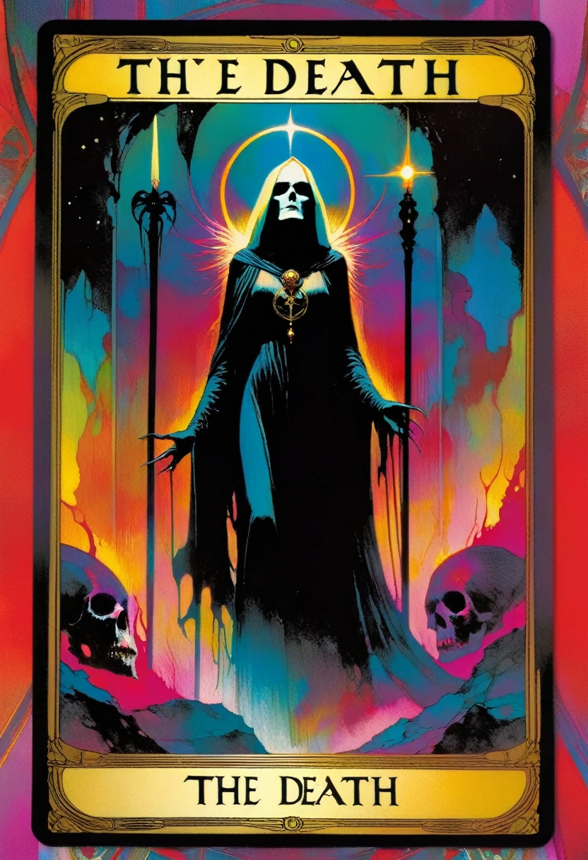 by Noriyoshi Ohrai
a haunting scene with 1 female necromancer in a dark fantasy world of diablo. Emphasize eerie atmosphere, high contrast, and interplay of shadow and light. Include colorful, gothic horror detailed face perspective from below anime, manga, comic, illustration