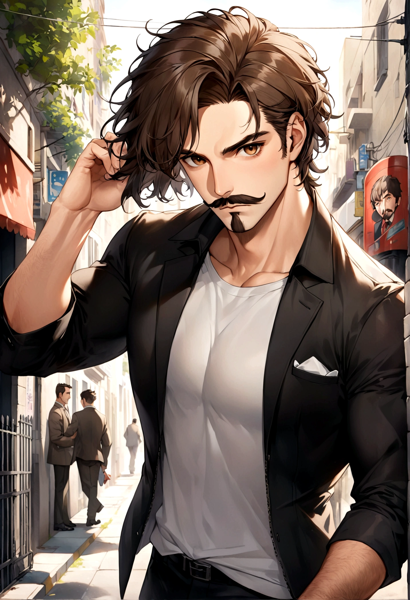 (una playera blanca con una jacket de piel color negro para hombre), ), ((bigote estilo Van Dyke y (barba de chivo) "Van Dyke", Van Dyke beard)), (light brown eyes), Aspecto atractivo y serio, ((cabello muy largo oscuro, messy hair)), Elegante y con estilo, Un hombre maduro similar al actor Jim Morrison con el cabello largo, ((cabello muy largo)), (Imagen realista y de alta calidad), en la calle estilo urbano, un bosque al rededor, ((La mejor calidad, 8K, obra maestra).((dynamic pose with forward gaze, viendo al espectador)), (cabello largo pasando los hombros)