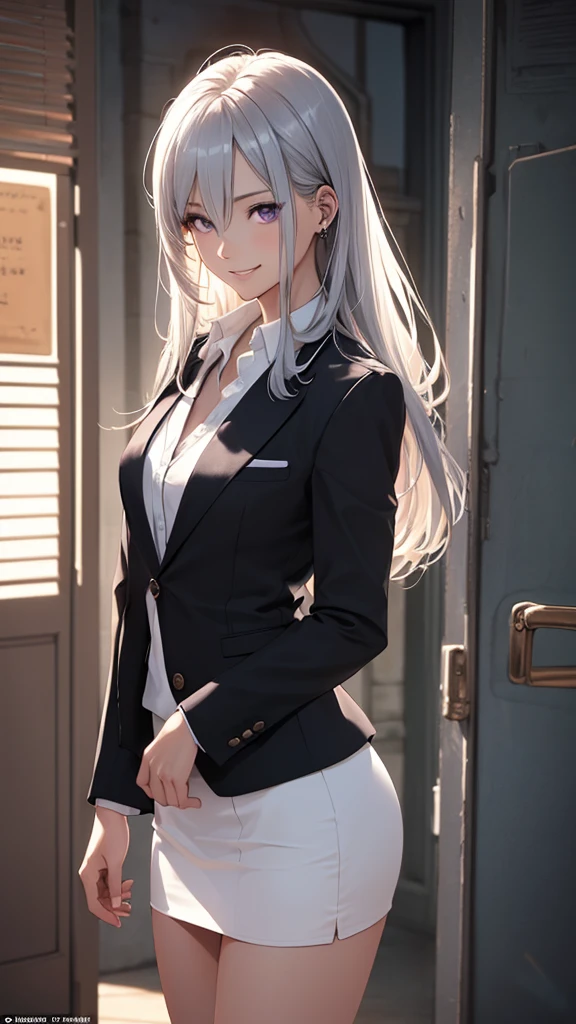 (masterpiece:1.2, top-quality), (realistic, photorealistic:1.4), beautiful illustration, (natural side lighting, movie lighting), 
looking at viewer, cowboy shot, front view, 1 girl, japanese, high school girl, perfect face, cute and symmetrical face, shiny skin, babyface, 
(long hair, straight hair, silver hair), hair between eyes, purple eyes, (middle breasts, seductive thighs, big ass), piercings, 
beautiful hair, beautiful face, beautiful detailed eyes, beautiful clavicle, beautiful body, beautiful chest, beautiful thigh, beautiful legs, beautiful fingers, 
((long sleeves, white collared shirt, black suit jacket, black pencil mini skirt), id card, strap, black high heels), 
(beautiful scenery), evening, park, walking, (lovely smile, upper eyes), 