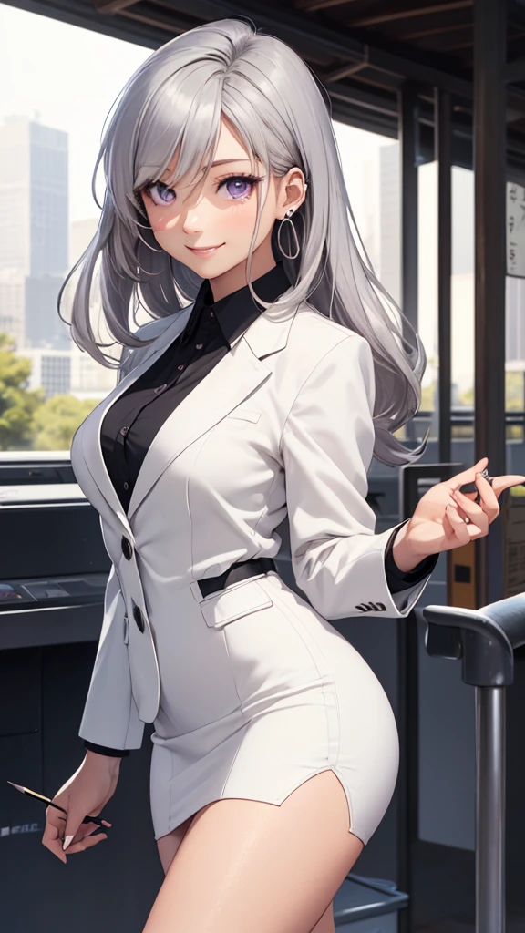 (masterpiece:1.2, top-quality), (realistic, photorealistic:1.4), beautiful illustration, (natural side lighting, movie lighting),
looking at viewer, cowboy shot, front view, 1 girl, japanese, high school girl, perfect face, cute and symmetrical face, shiny skin, babyface,
(long hair, straight hair, silver hair), hair between eyes, purple eyes, (middle breasts, seductive thighs, big ass), piercings,
beautiful hair, beautiful face, beautiful detailed eyes, beautiful clavicle, beautiful body, beautiful chest, beautiful thigh, beautiful legs, beautiful fingers,
((long sleeves, white collared shirt, black suit jacket, black pencil mini skirt), id card, strap, black high heels),
(beautiful scenery), evening, park, walking, (lovely smile, upper eyes),