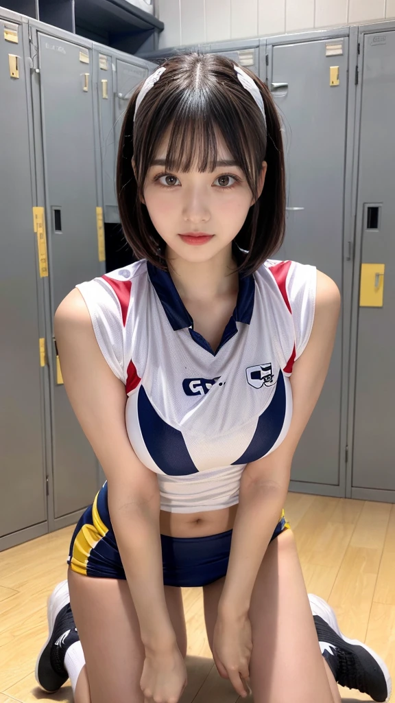 masterpiece, best quality, illustration, Super detailed, fine details, High resolution, 8K,wall paper, perfect dynamic composition,(Details High quality, realistic depiction of eyes:1.3), (short hair volleyball player, Volleyball Uniforms, short bob hair, black hair color, Big Natural Color Lip, Large swollen breast, perfect body shape, showing a delicate slim figure and graceful curves, (hotel room Background), (Hanging with hands tied above head、Kneeling), crying a little、cold gaze, Don't expose it、 Harajuku style、20 year old girl、cute type、lolita, hposing Gravure Idol, full body photo、focus on crotch
