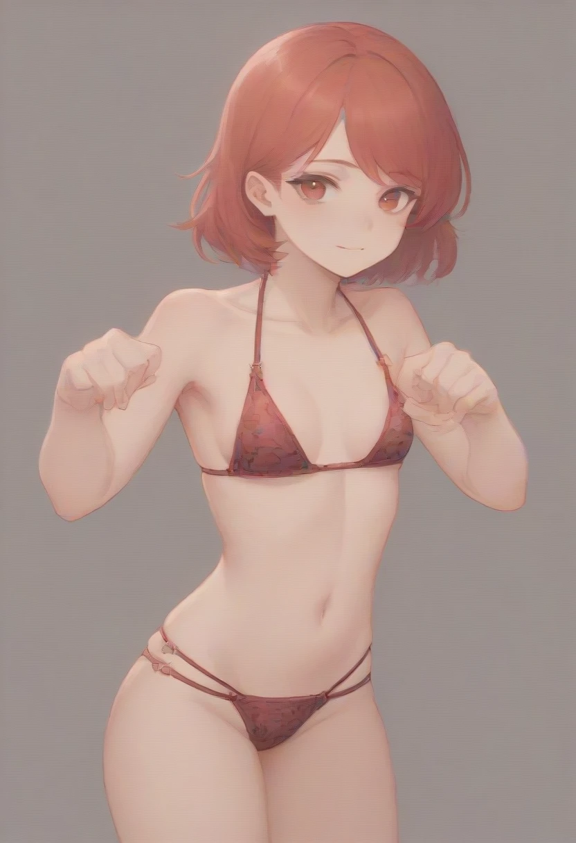 Red-haired girl, marked bikini, cute pose, red eyes, anime style, simple background