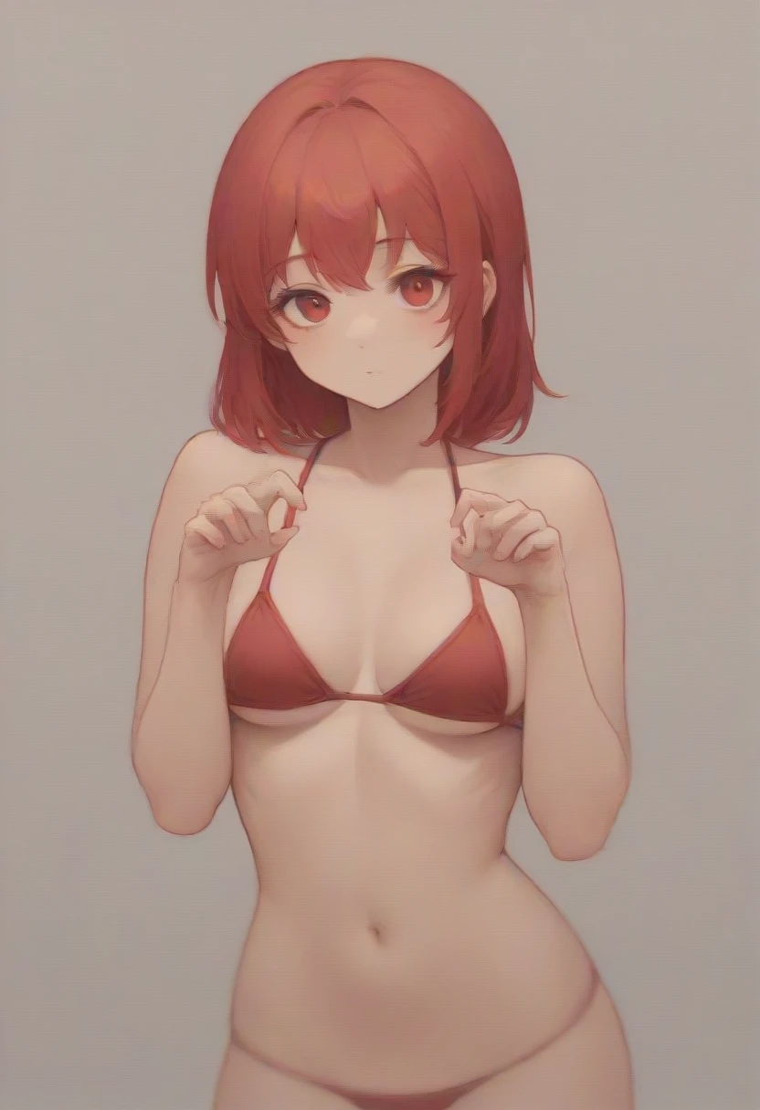 Red-haired girl, marked bikini, cute pose, red eyes, anime style, simple background