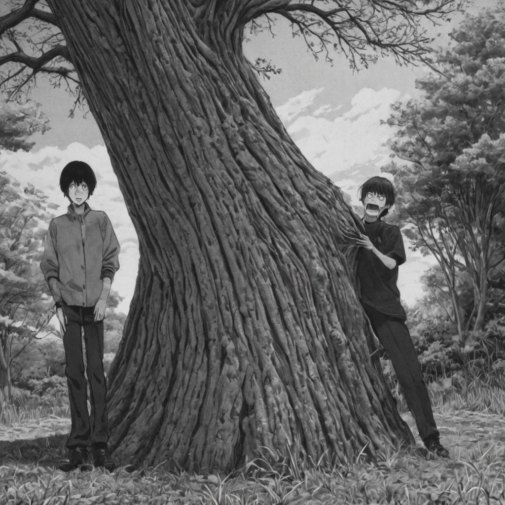 pulling a tree, (anime), bizarre scenario, Junji Ito, Yusuke Murata, black and white, 8k, anime, horror