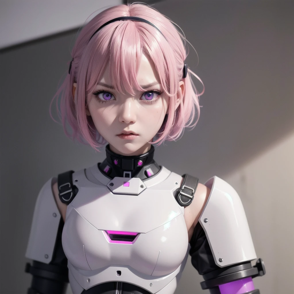 1girl, short pink hair, purple eyes, robot white body, angry face, 8K, Hi-Res, black steel masker