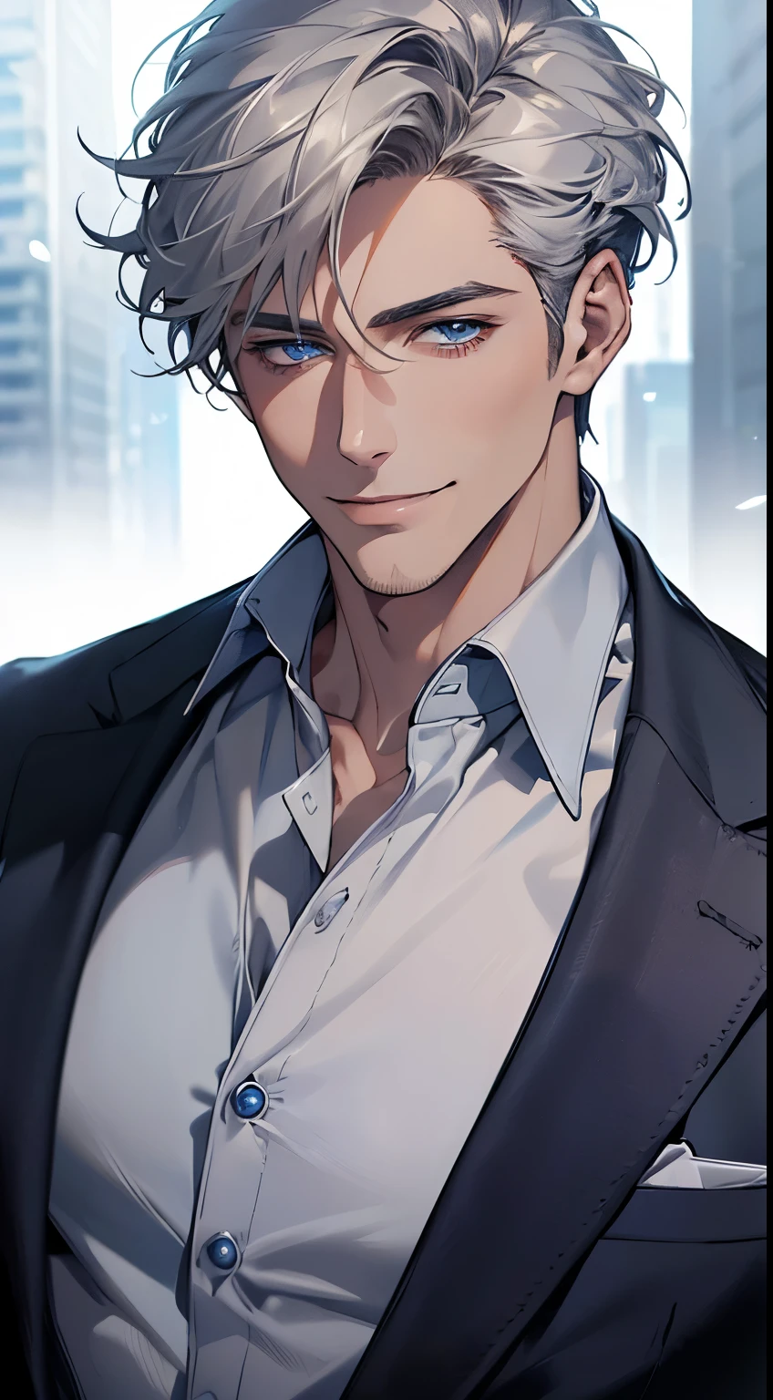 (best quality, masterpiece, 8K, photorealistic, cinematic lighting, 1:4 hdr image, ultra detailed, beautiful image), a mature man, 25 years very handsome, ((cold expression smile in love)), short grey hair, blue eyes, face perfect without mistakes, ((buttoning his jacket, CEO)), smile.